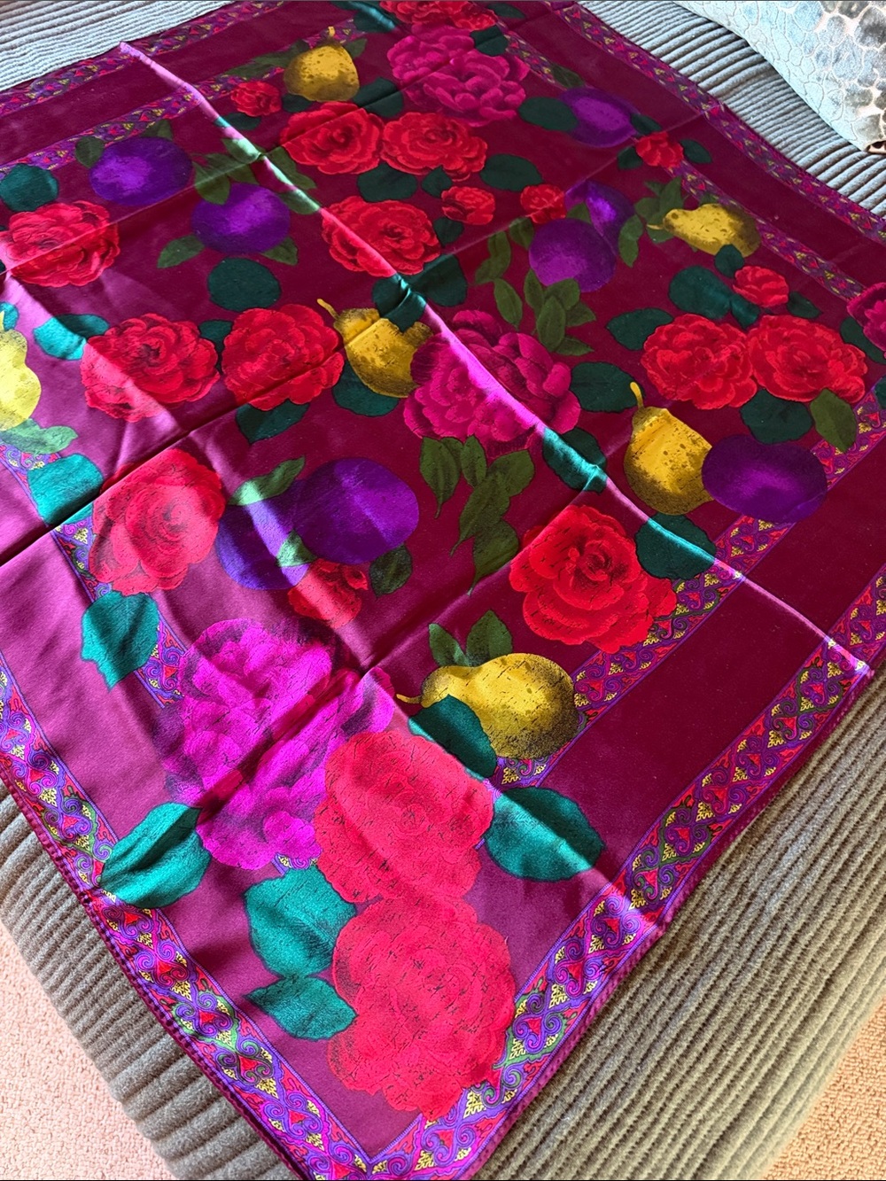 Floral Silk Women's Scarf in Berry Red 35” x 35”